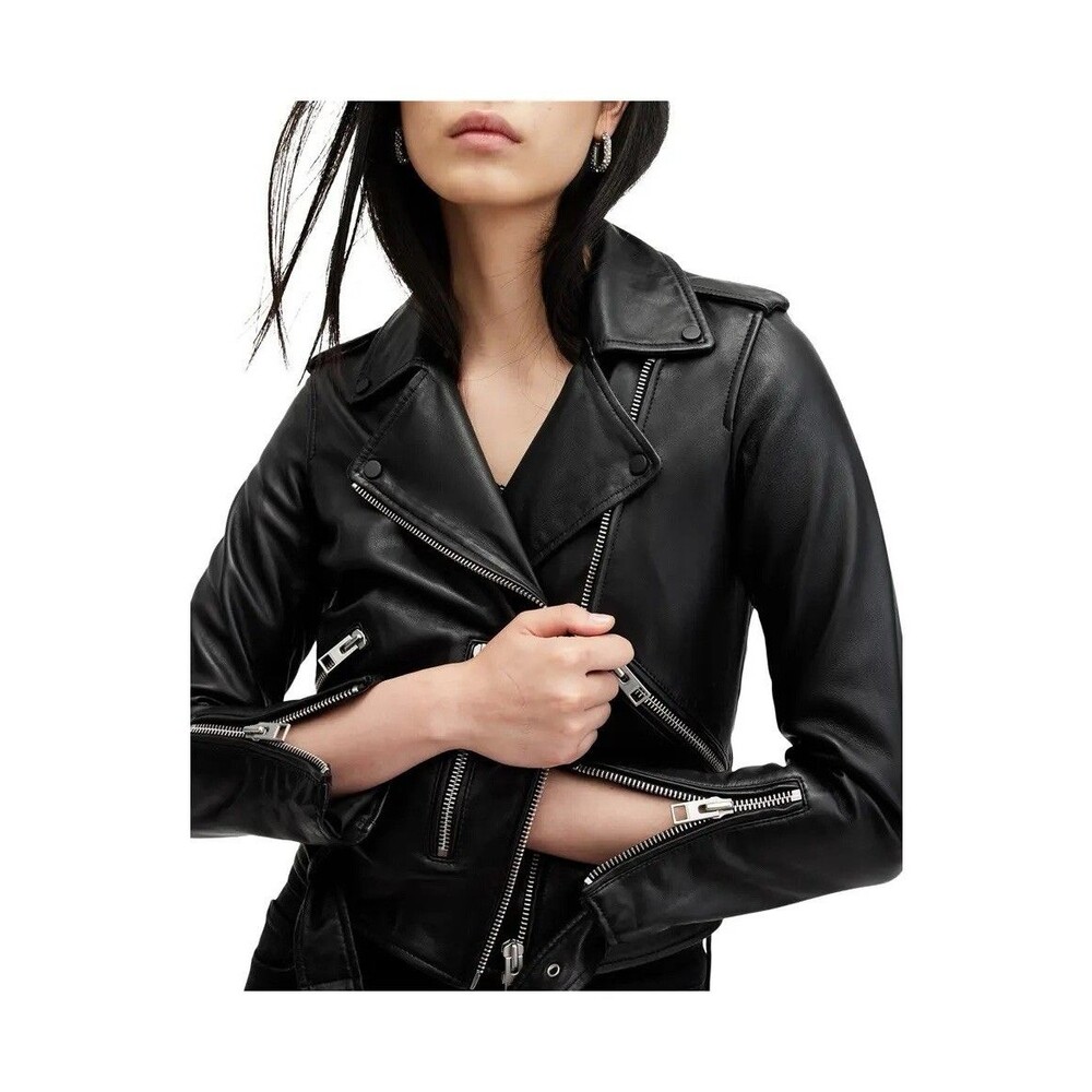 Allsaints BALFERN BIKER Lamb Leather Black Belt Moto Jacket Womens Sz UK 6 US 2